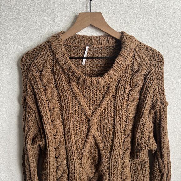 Free People Sweater Womens Small Brown Crop Chunky Knit Boho Hippie Festival - Picture 2 of 13